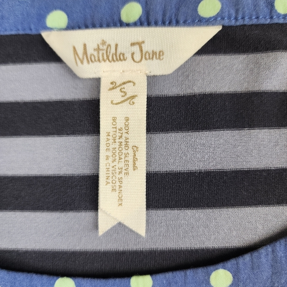 Matilda Jane Striped Polka Dot Tunic Top Small Blue Gray Roll Tab Sleeve Boho - Picture 2 of 9